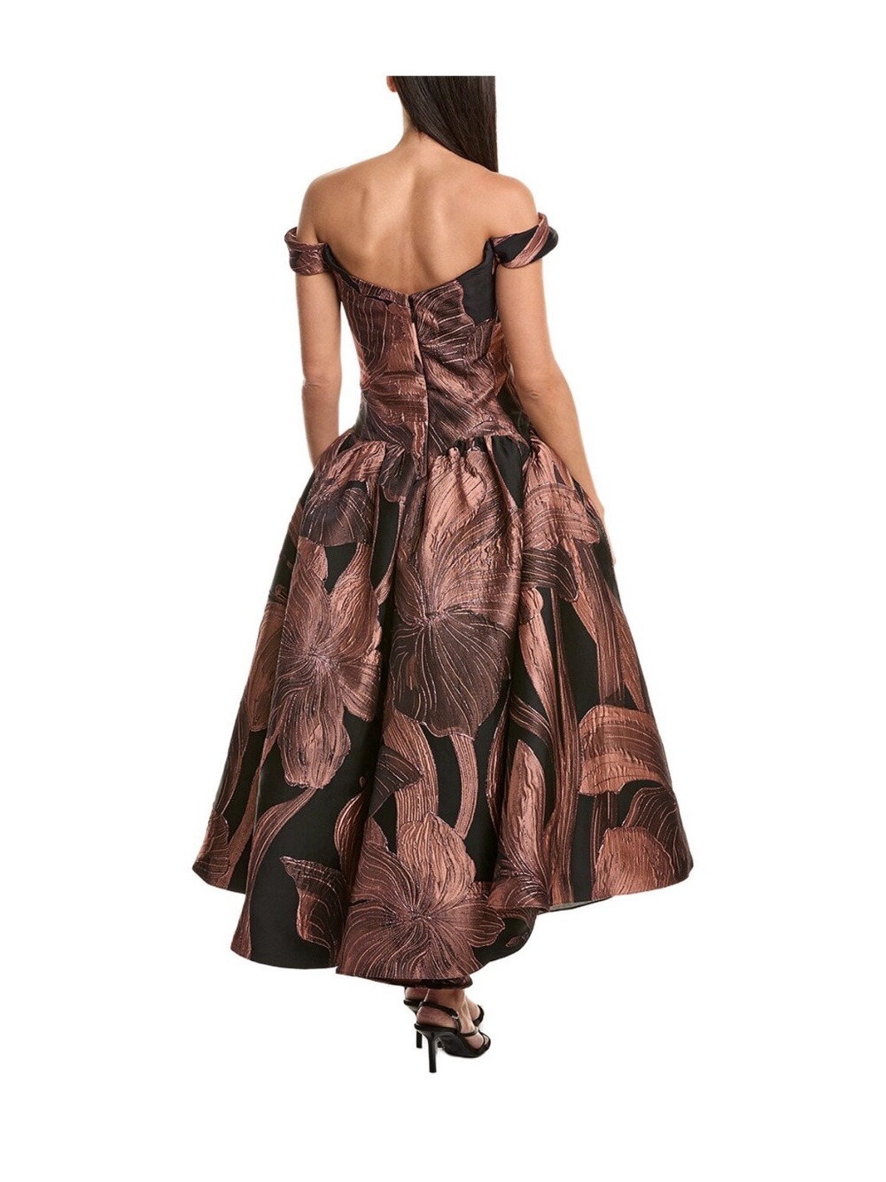 Off-Shoulder Black and Rose Gold Floral Midi Dress - Picture 2 of 8